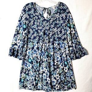 Seven Forty Two Tunic Dress Womens Sz M 3/4 Bell Sleeve Back Tie Blue Floral Y2K